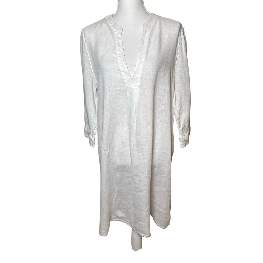 Garnet Hill relaxed linen beach 3/4 sleeve white fringe hem dress cover up  L